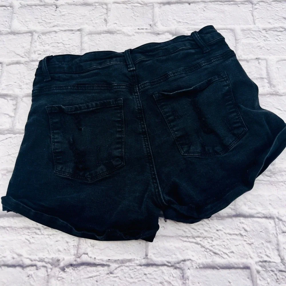 Kancan Black Distressed Denim Shorts High Rise Cuffed Size 28/7 Stretch Summer